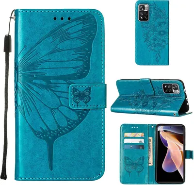 Produktbild von Xiaomi Poco X4 NFC Hülle, Schmetterling Prägung Flip Leder Kartenfächer Schutzhülle Ledertasche mit Ständer für Xiaomi Poco X4 NFC Blau