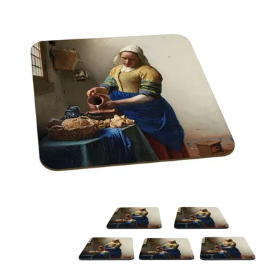 Produktbild von KitchenYeah® Glasuntersetzer Quadratisch 6er Set Das Milchmädchen - Gemälde von Johannes Vermeer 10x10 cm Untersetzer für Gläser - Getränkeuntersetzer - Tischplattenschutz - Tischuntersetzer für Tass