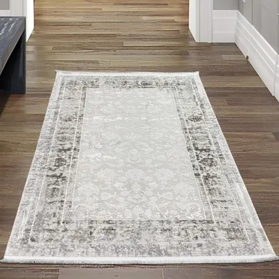 Zdjęcie produktu dla Orientalny dywan z wełny, miękki i łatwy w pielęgnacji, z wzorem vintage do salonu i sypialni w kolorze szarym, rozmiar - 80 x 150 cm