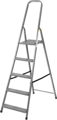 A gray metal stepladder with five steps and a handle, isolated on a white background.