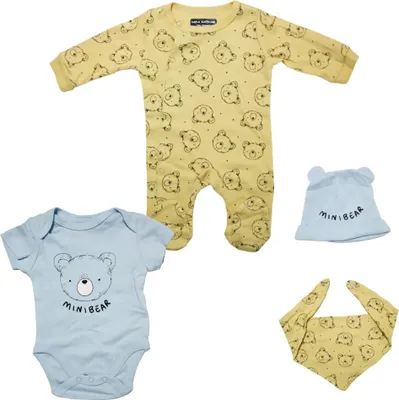Produktbild von Teddybär Baby 4 tlg Set Body Strampler Lätzchen Mütze – Mehrfarbig / 56