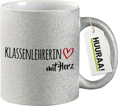 Produktbild von Huuraa Glitzertasse Klassenlehrerin mit Herz 330ml Silber Keramik Kaffeebecher Geschenkidee