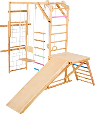 Image de Ensemble d'escalade d'intérieur SucceBuy (8 en 1), en bois, capacité de charge de 100 kg, comprenant une balançoire, une structure d'escalade et un toboggan