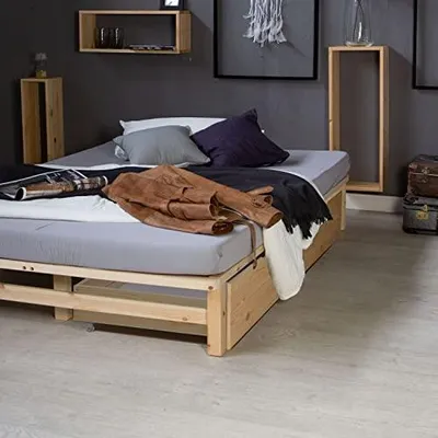 Image de Ensemble de 2 tiroirs de rangement pour lit, en bois naturel, sur roulettes. Idéal pour les tiroirs de lit