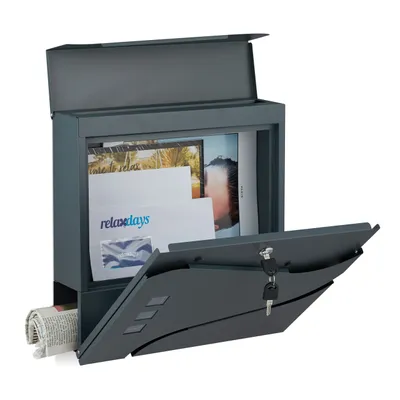 Produktbild von Relaxdays Briefkasten mit Zeitungsfach, Wand-Postkasten mit Sichtfenster, HBT 37x37x11cm, Stahl, 2 Schlüssel, anthrazit