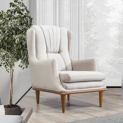 Immagine prodotto di Poltrona bianca dal design moderno, con gambe in legno, ideale per il soggiorno