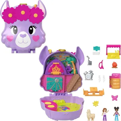 Imagen del producto de Polly Pocket, mini figura de juguete, set de juego "Aventura en el campamento de llamas" con 2 muñecas y accesorios