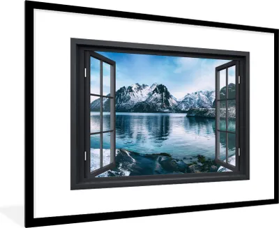 Produktbild von MuchoWow® Gerahmtes Poster Aussicht - Berg - Wasser 90x60 cm - Poster mit Schwarzem Bilderrahmen Wandposter Rahmen Foto Bilder - Wanddekoration - Fotos