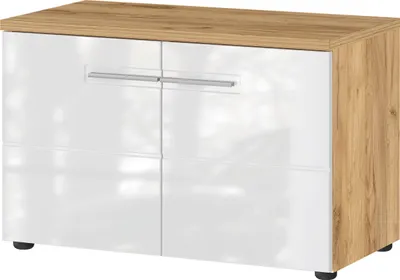 Produktbild von Schuhbank "389" in braun | weiss mit 2 Türen und 2 Einlegeböden. Abmessungen (BxHxT) 75x50x41 cm