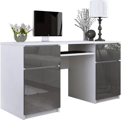 Produktbild von Schreibtisch: 2 Schubladen, Mattweiß / Glanzgrau, 135 x 77 x 50 cm