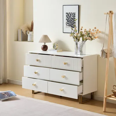 Image de MODFU Bahut 6 Tiroirs 120 cm avec Poignées Dorées - Design Moderne et Élégant - Meuble Bas de Rangement MDF - Blanc