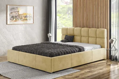 Produktbild von AGMAT Polsterbett MALTA mit Kopfteil, 140 x 200 cm, Doppelbett mit Bettkasten und Lattenrost aus Metall, Velourstoff: Beige
