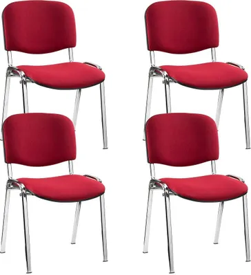 Four red visitor chairs stacked in two columns, against a white background.