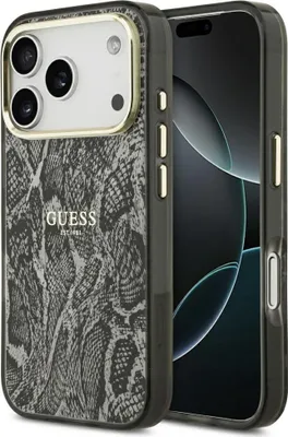 A close-up of an iPhone case with a python pattern and the Guess logo.