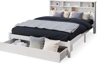 Produktbild von Massivholz Kinderbett(140x200cm,Weiß)mit Schubladen und Lattenrost, Bücherregal Jugendliche und Erwachsene Kinderbett