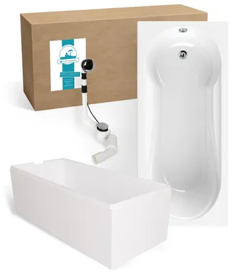Produktbild von Calmwaters® Badewanne mit Dusche Komplettset 180x80 cm mit Wannenträger & Ablaufgarnitur, Acrylwanne Modern Small 2, Duschzone, Set Badewanne komplett 180 x 80, Duschbadewanne für 2 Weiß, 99000167