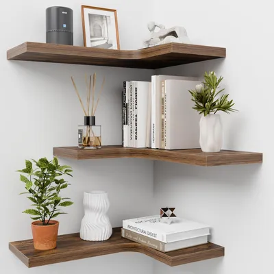 Image de Étagère d'angle murale en bois - Lot de 3 - Marron - Charge maximale 18 kg