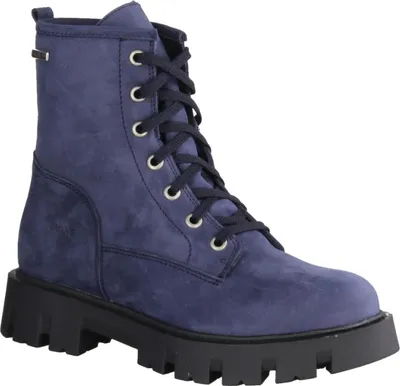 A single blue boot with a black sole is shown against a white background.