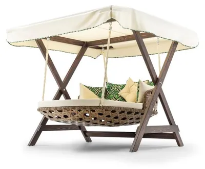 Image de Balancelle de jardin Fauteuil suspendu en bois de pin et polyester crème largeur 188 cm 2 places