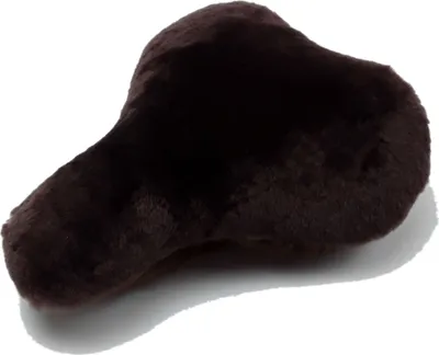 A dark brown, fuzzy bicycle seat cover is shown against a white background.