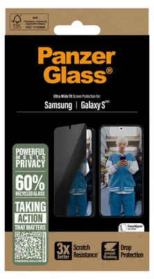Productafbeelding van PanzerGlass Privacy Ultra-Wide Fit Anti-Bacterial Screenprotector incl. applicator voor de Samsung Galaxy S25