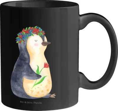 Produktbild von Mr. & Mrs. Panda Tasse Pinguin Blumen - Schwarz - Geschenk, Blumenliebe, mit Spruch, Pott, Wünsche, Becher, Bedruckte, Wunderschön, Kaffeetasse, Universum, Pinguine