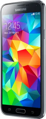 A Samsung Galaxy S5 smartphone is shown from a side-angle, displaying its screen.