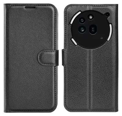 A black leather flip case for a phone, shown open and closed.