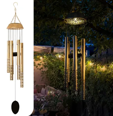 Produktbild von Gadgy Solar Windspiel mit Melodie – Wetterfestes Windspiel aus Aluminium & Holz – Solar Wind Chime mit Licht & Klang – Dekorative Garten- & Balkon Deko für Terrasse