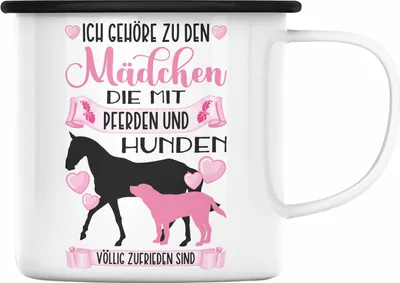 Produktbild von Trendation - Pferd Hund Emaille Tasse Geschenk Mädchen Reiterin Geschenkidee Rosa Emaille Emaille Tasse Reiten Lustiger Spruch (Schwarz)