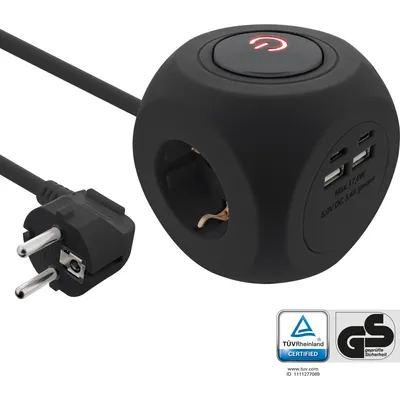 Immagine prodotto di Cubo di ricarica InLine®, 3x contatto di terra, 2x USB-C, 2x USB-A, nero, 2m