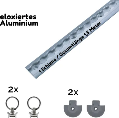 Produktbild von Airlineschiene Zurrschiene halbrund 1x 1,5?m + 2 Zurrösen + 2 Endkappen – mit Zurrösen & Endkappen – Alu Sicherungsprofil