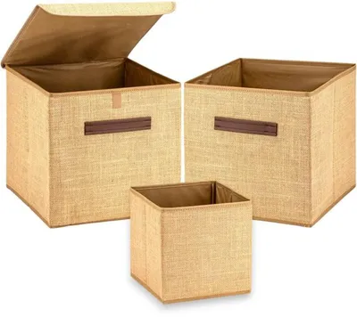 Produktbild von Azomor®️ Set von 3 Faltbaren Jute Aufbewahrungsboxen mit Griff für Zuhause und Büro