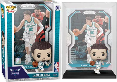 A Funko Pop! figure of LaMelo Ball in its original packaging next to a display case with the same figure and trading card.