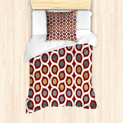 Obrázek produktu pro ABAKUHAUS Abstraktní povlečení na peřinu, geometrický vzor propletených kruhů a teček v symetrických liniích, umělecký design, 135 x 200 cm + 80 x 80 cm, rubínově khaki modrá
