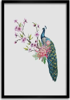 Produktbild von Bild - Bilderrahmen - Foto - 70 cm x 100 cm - MDF - Rahmen - Wandkunst - Pfau und Blumen