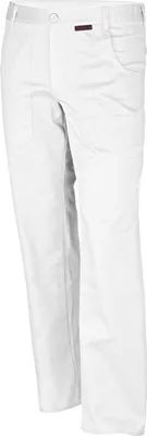 A pair of white work pants shown from the front.