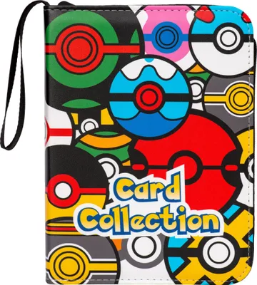 A close-up view of a Pokemon card collection album with a colorful, repeating pattern of Poke Balls.