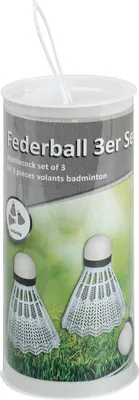 Produktbild von Idena 7418409 - Federball in weiß, 3er Set, aus Kunststoff, mit Schaumstoffspitze, in runder Transportdose, Ersatzzubehör für jedes Badmintonspiel