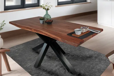 Produktbild von Esstisch Baumkante Akazie massiv Nussbaum 200 x 100 cm Spider-Gestell schwarz TIM