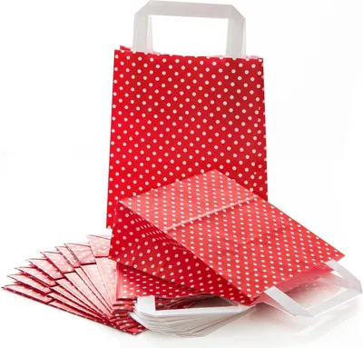 Produktbild von 10 kleine rot weiß gepunktet Papiertüte Papiertasche Geschenktüte 18 x 8 x 22 cm Geschenkbeutel Verpackung Geschenk Weihnachten Tüte Weihnachtsverpackung100 Stück