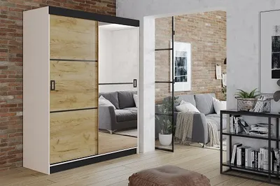 Produktbild von FurMeb24 Schiebetrenschrank RETRO 2-138x200cm Kleiderschrank mit Spiegel, 2-triger Schiebeschrank (Weiss/  Eiche Craft Gold + Spiegel und schwarze Beschl€ge)