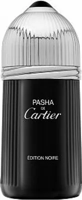A product shot of a black bottle of Pasha de Cartier Édition Noire Eau de Toilette for men.