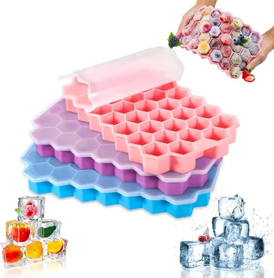 Produktbild von Silikon-Eiswürfelbehälter mit Deckel, 111 Eiswürfelformen - Set aus 3 - Stapelbarer Silikon-Eiswürfelbehälter - Geeignet für Babynahrung