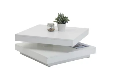 Produktbild von Funktionscouchtisch Wohnzimmertisch Ben quadratisch - Nachbildung Weiß matt - Sockelfuß - 360° drehbare Tischplatte - ca. 78 x 78 cm