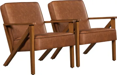 Produktbild von Yaheetech 2er Set Loungesessel Vintage Sessel aus Kunstleder, Relaxsessel mit Holzbeinen, Hellbraun