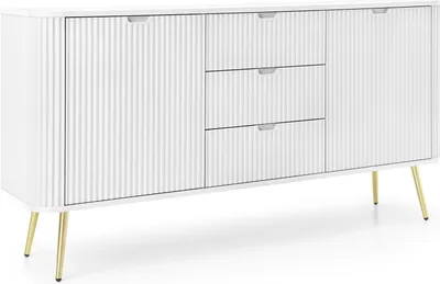 Produktbild von Kommode mit 3 Schubladen Gerly - Sideboard 170 cm auf Beinen, Loft, geriffelten Fronten, 2 Türen - Sideboard mit Lamellen (Weiß / Gold)