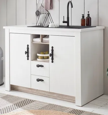 Produktbild von Küchenschrank "Rovola" in weiß Pinie Landhaus Küche Unterschrank für Spüle oder Kochfeld 129 cm, Soft-Close