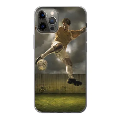 Produktbild von MuchoWow® Handyhülle Schutzhülle Hülle für iPhone 13 Pro Eine Illustration eines Fußballspielers, der den Ball schießt - Jungen - Kinder Silikon Softcase Handy Hülle - Handy-Tasche
