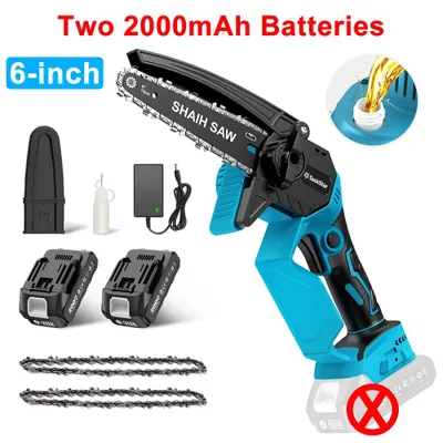 Image de Scie à chaîne électrique compacte - Lame de 15 cm - 2 batteries de 2000 mAh - Moteur sans balais - 21 V - 700 W - Lubrification automatique